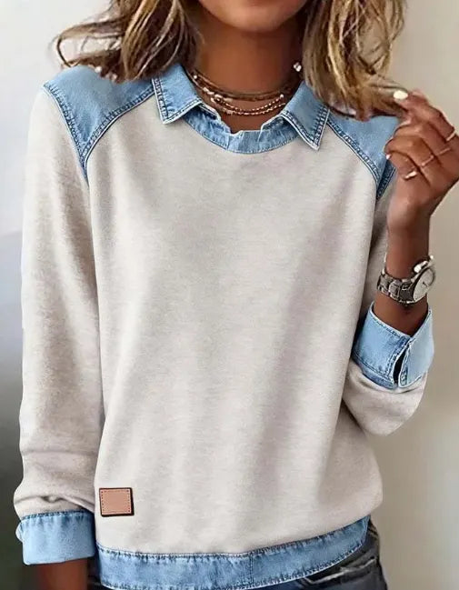 Denim Collar Patchwork Knit Pullover