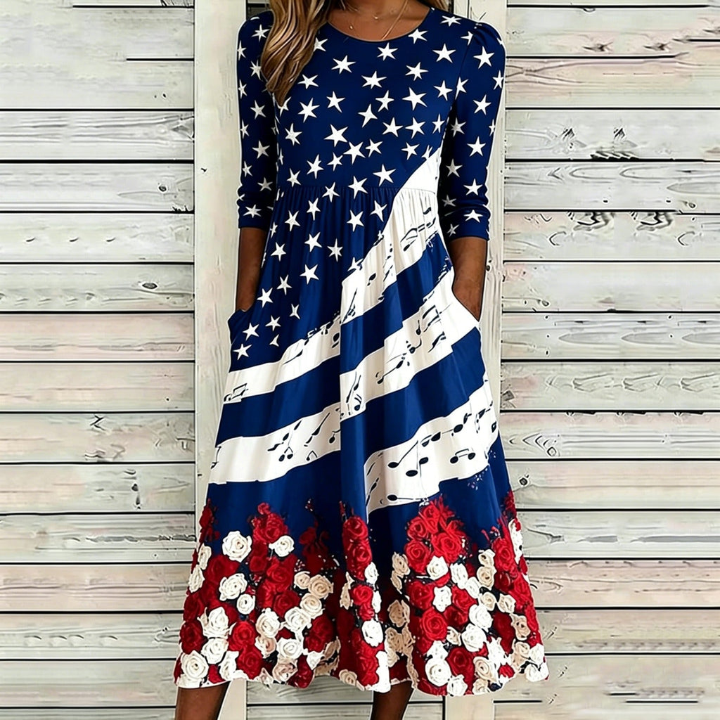 Loose-Fit Round-Neck Dress with Mid-Length Sleeves and Side Pockets
