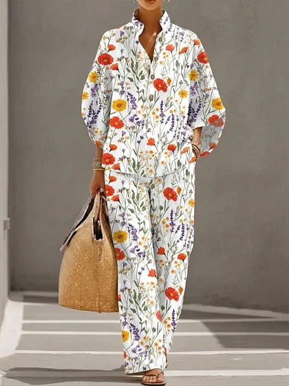 Stand-up collar polo shirt & wide-leg pants retro print two-piece set