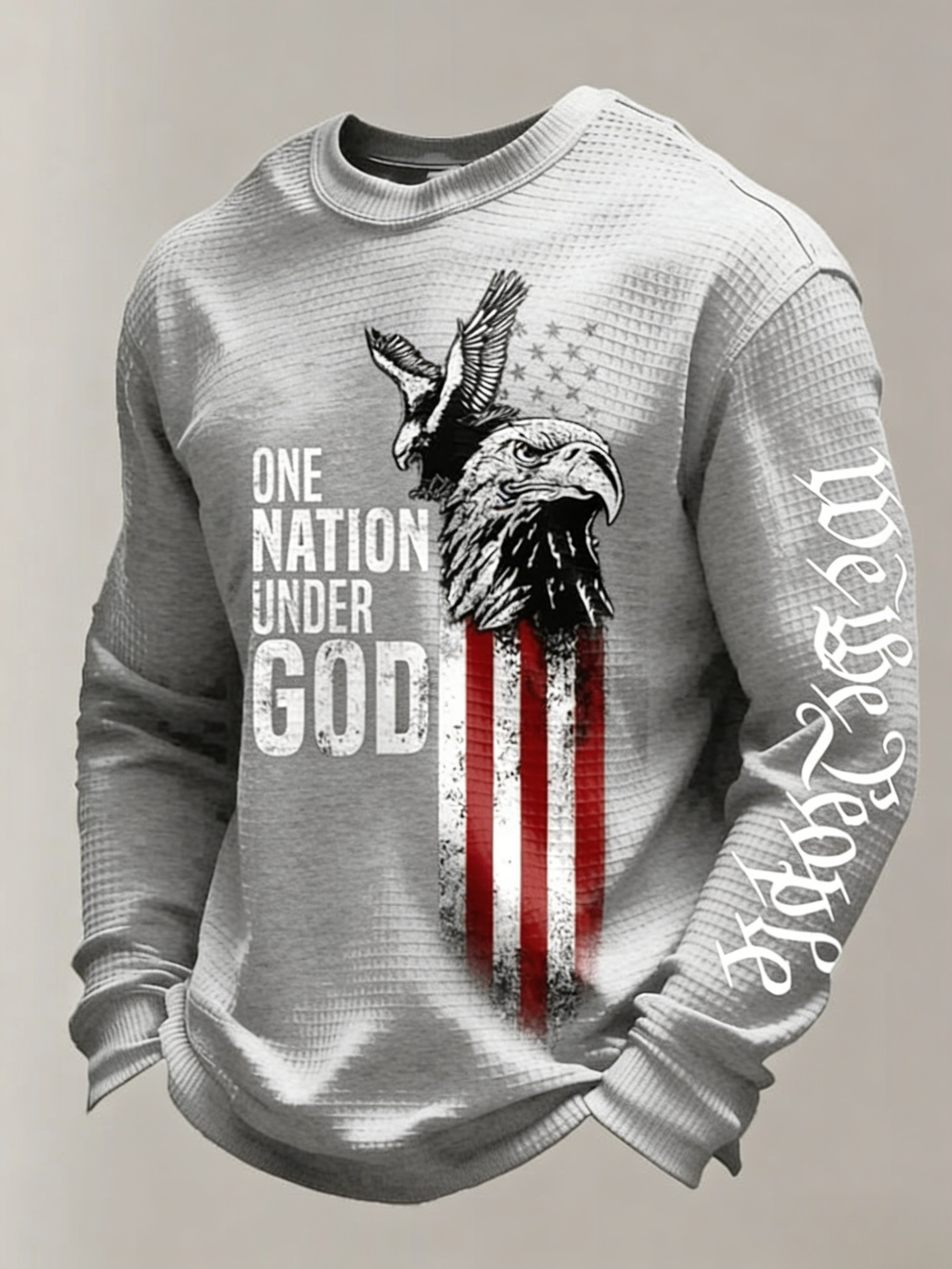 Men's One Nation Under God Retro Eagle & Flag Print Waffle-Knit Long-Sleeve Top