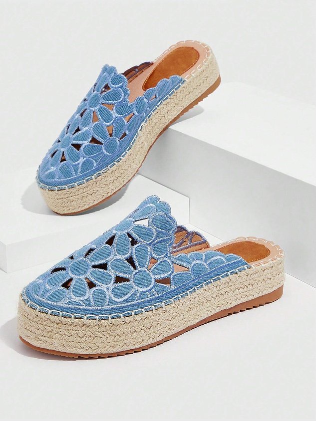 Summer Hollow Out Floral Embroidered Platform Mules