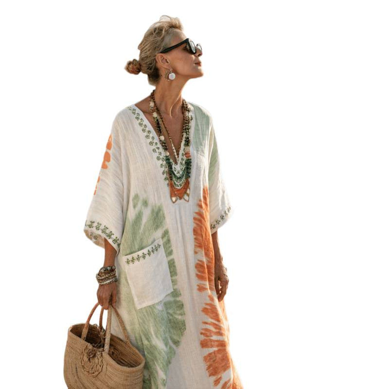 Women's V-Neck Linen-Blend Kaftan Dress