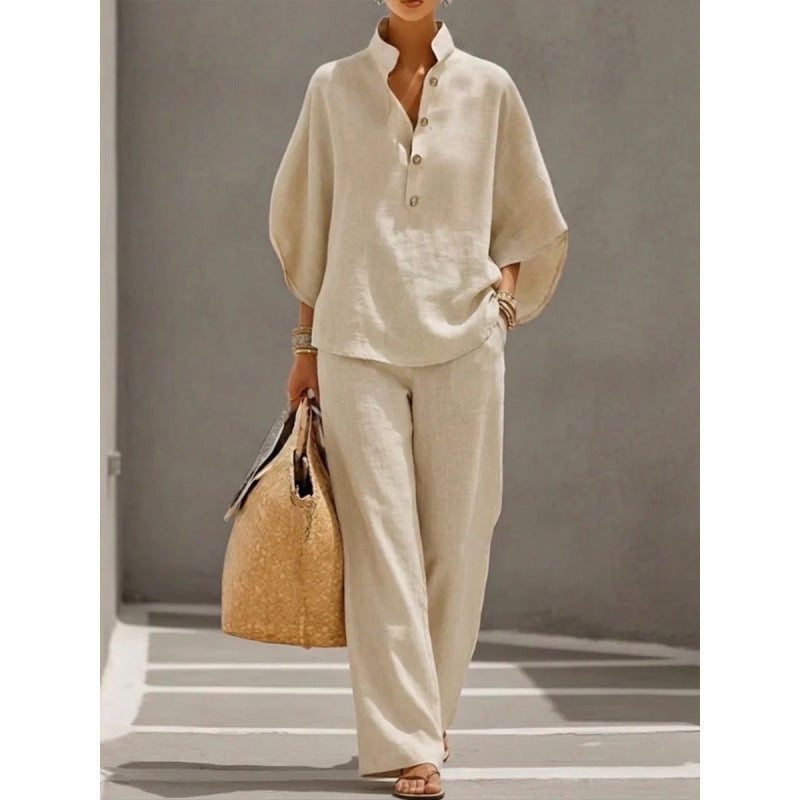 Stand-up collar polo shirt & wide-leg pants retro print two-piece set