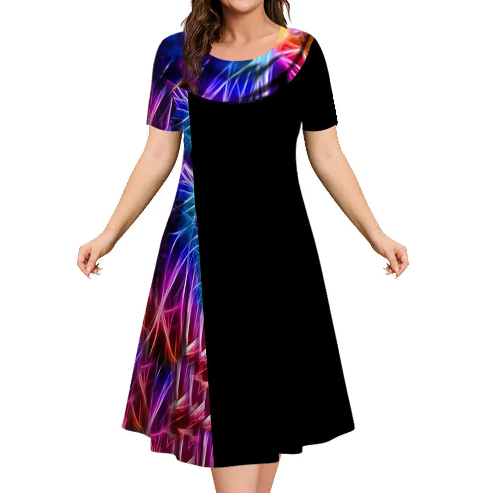 Women Geometric Color Block Short Sleeve Midi Dress
