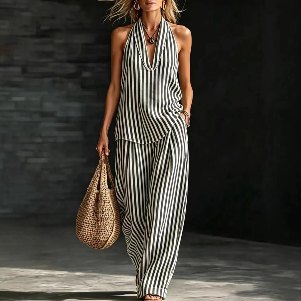 Relaxed Fit Vertical Stripe Two Piece Outfit, Ladies Backless Halter Top & High Waist Wide Leg Trousers Set