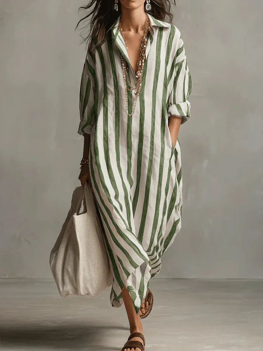 Minimalist Vertical Stripe Cotton Long Shirt Dress Oversized Relaxed Fit Side Pocket Vacation Resort Midi Maxi Dress