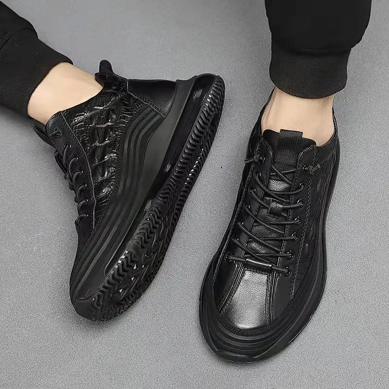 Mens Crocodile Print Genuine Leather Non-slip Arch Support Casual Sneakers