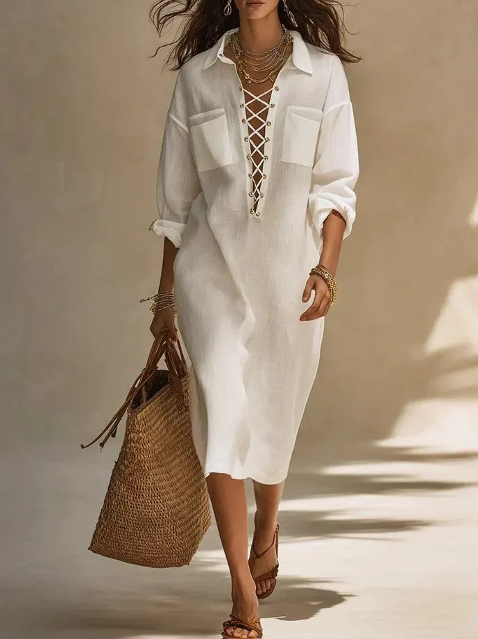 Minimalist Solid White Oversized Shirt Dress Collar Front Lace Up Placket Cuffed Sleeve Casual Vacation Midi Dress