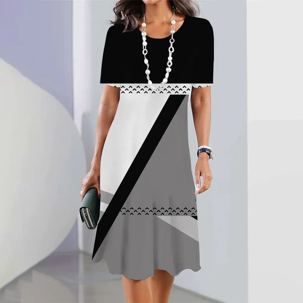 Women Geometric Color Block Short Sleeve Midi Dress