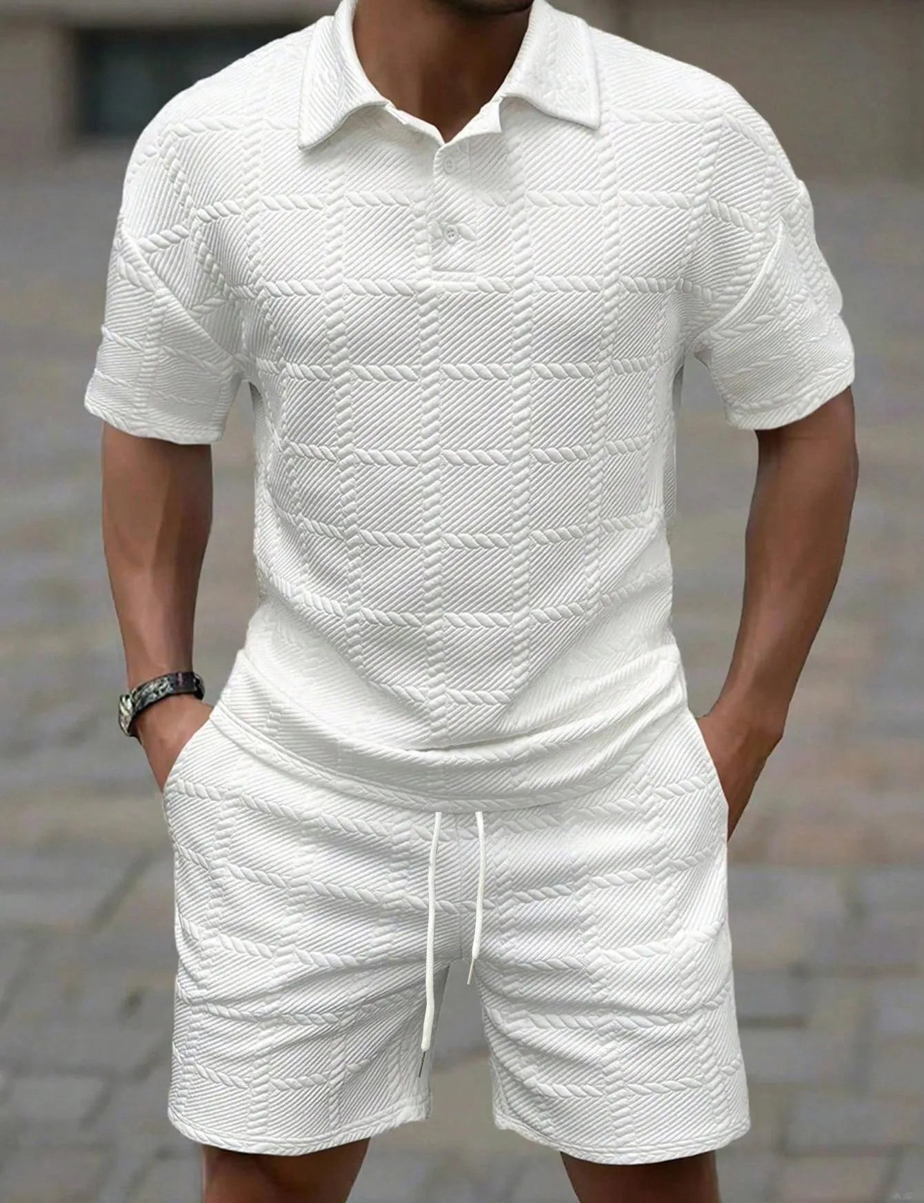 Men Textured Jacquard 2 Piece Matching Set