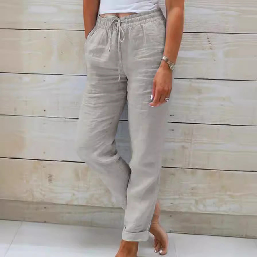 Elastic high-waisted solid color cotton and linen casual pants