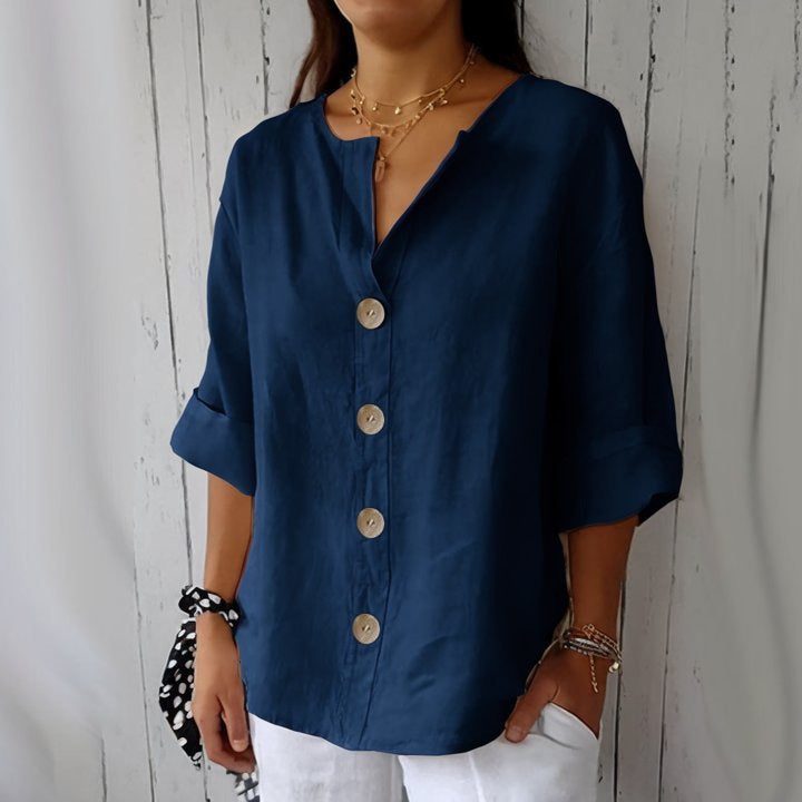 Loose Shirt Women's V-neck Cotton and Linen Button T-shirt Top Women