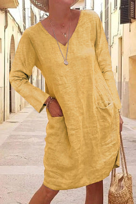 Casual Pocket V Neck Long Sleeve Linen Shift Dress For Women