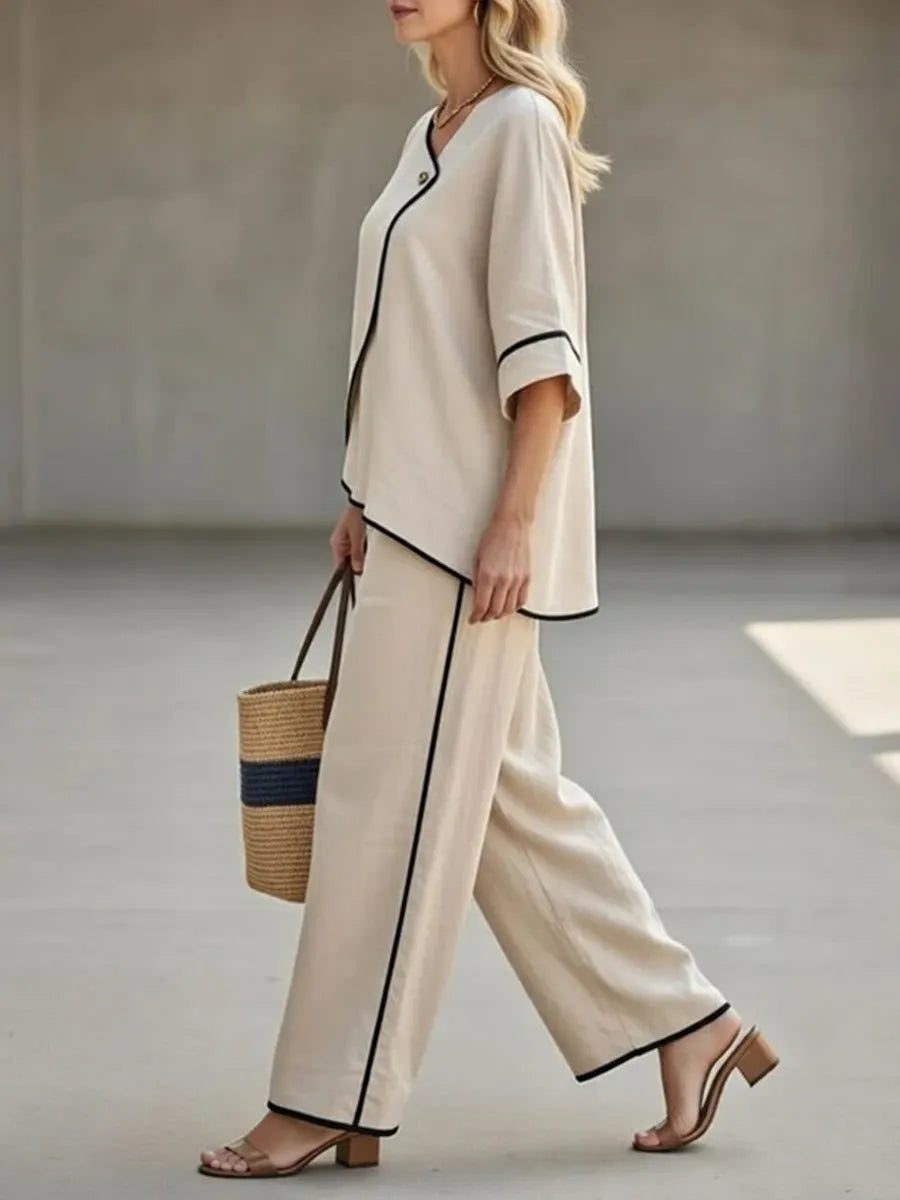 Women's Asymmetric Wrap Linen 2 Piece Pants Set