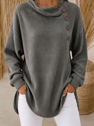 Stylish Asymmetrical Button Waffle Knit Tunic With Side Slit