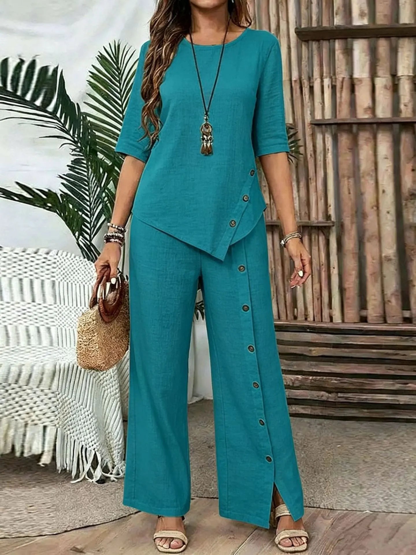 Women Irregular Hem Button Detail Top & Side Slit Wide Leg Pants 2 Piece Linen Look Set