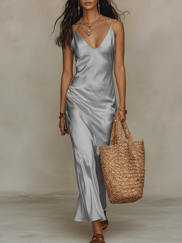 Women V Neck Loose Knit Pullover Satin Spaghetti Strap Midi Dress Layered 2 Piece Outfit Set