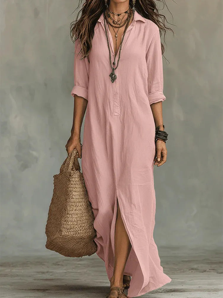 Women Lapel Half Button Maxi Shirt Dress Rolled 3/4 Sleeve Front High Slit Loose Boho Long Dress