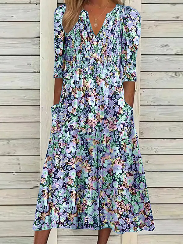 Floral V neck Casual Half sleeve Dress