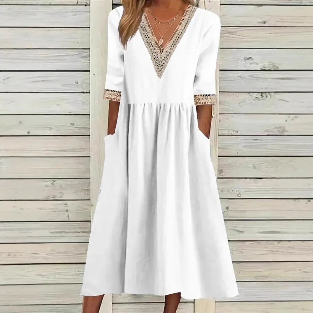 Women's V-Neck Lace Trim Midi Dress
