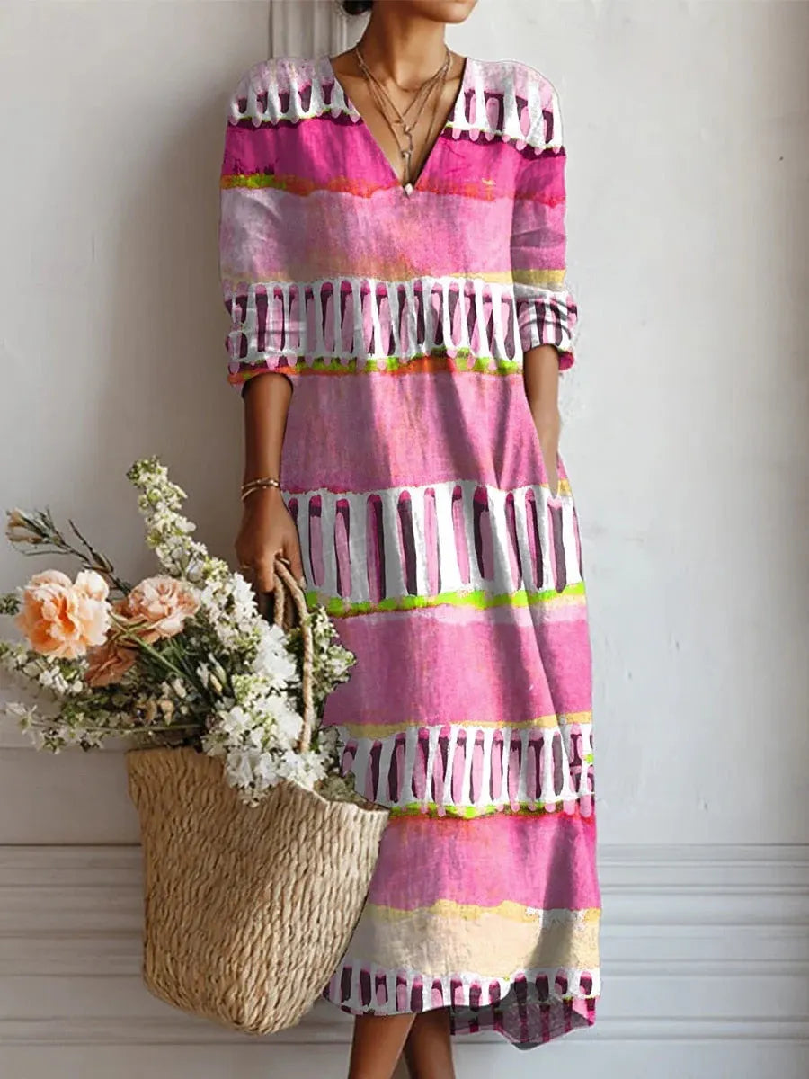 Women's Boho Floral Print Linen Maxi Dress