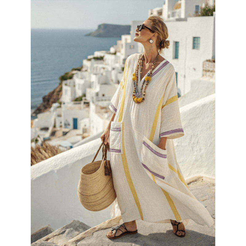 Women's V-Neck Linen-Blend Kaftan Dress