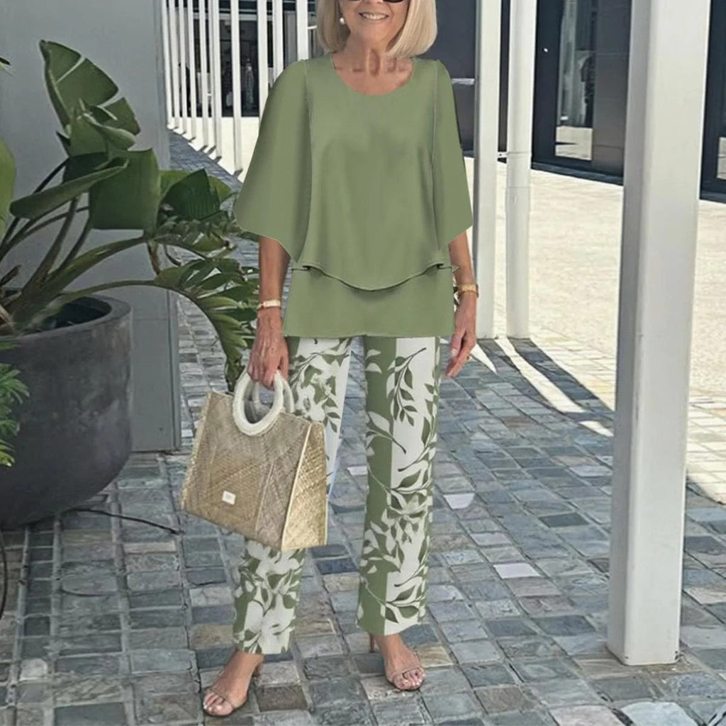 Women Round Neck Mid Sleeve Loose Top & Printed Straight Pants 2 Piece Co Ord Set