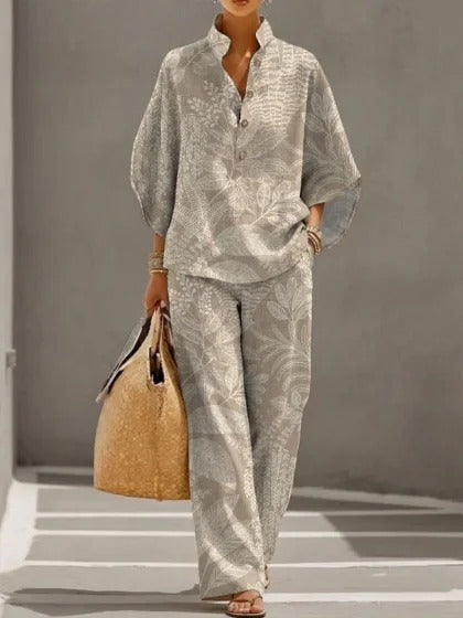 Stand-up collar polo shirt & wide-leg pants retro print two-piece set