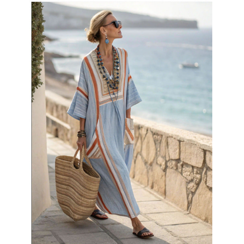 Women's V-Neck Linen-Blend Kaftan Dress