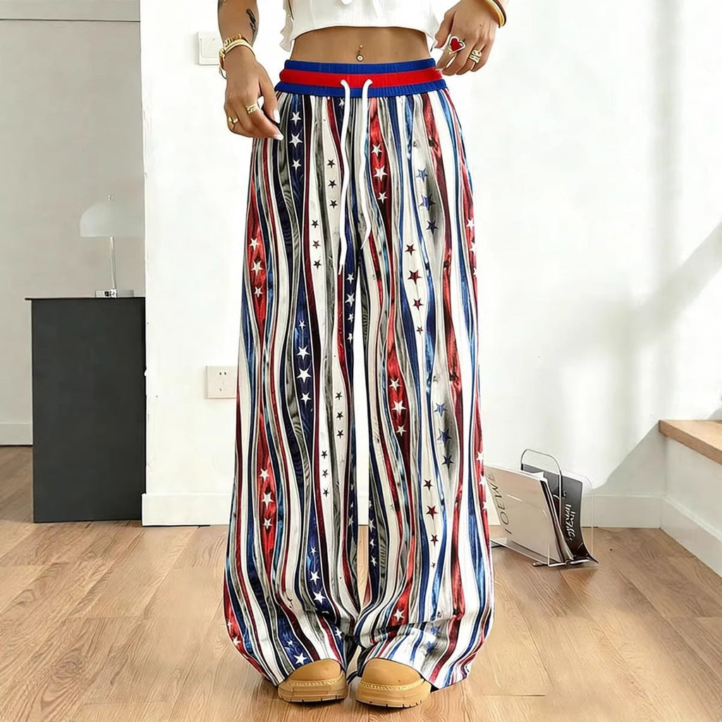 Women's American Flag Floral Print Wide Leg Pants