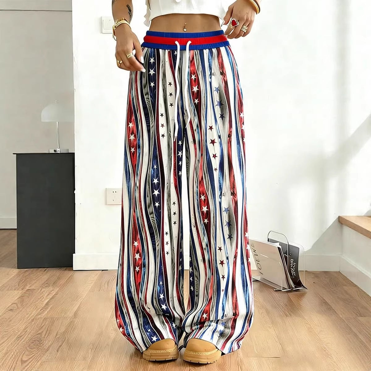 Women's American Flag Floral Print Wide Leg Pants
