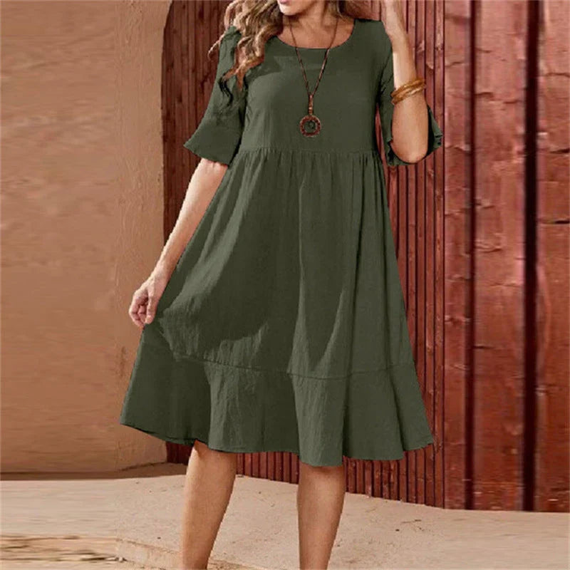 Women's Linen Ruffle Hem Midi Dress