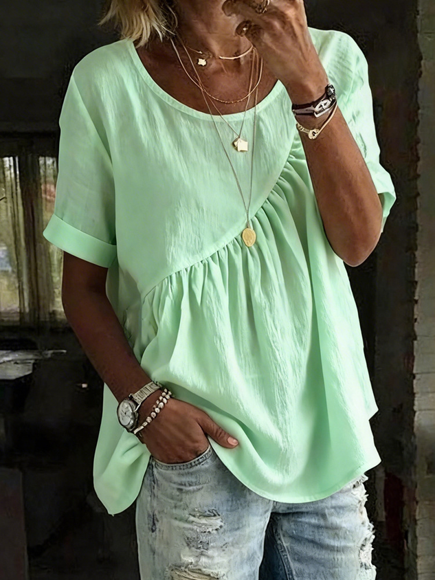 Cotton Shirt Sleeve Round Neck Summer Casual Top