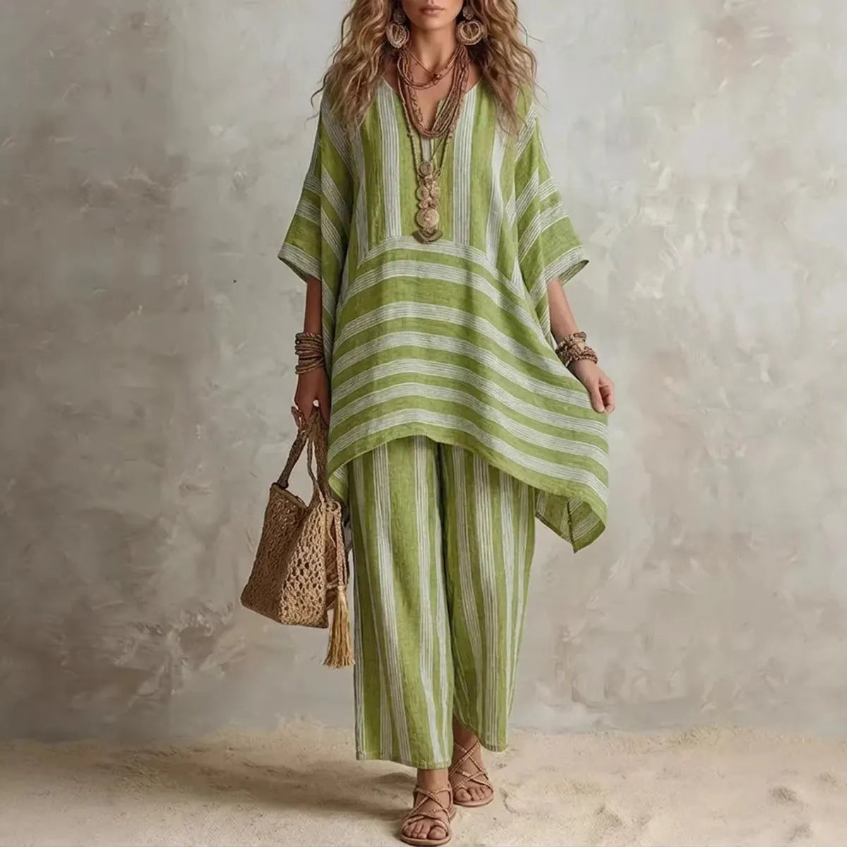 Women Striped V-Neck Batwing Sleeve Top & Wide Leg Pants 2 Piece Resort Loungewear Set