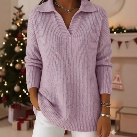 V‑Neck Polo Style Rib Knit Long Sleeve Sweater For Women