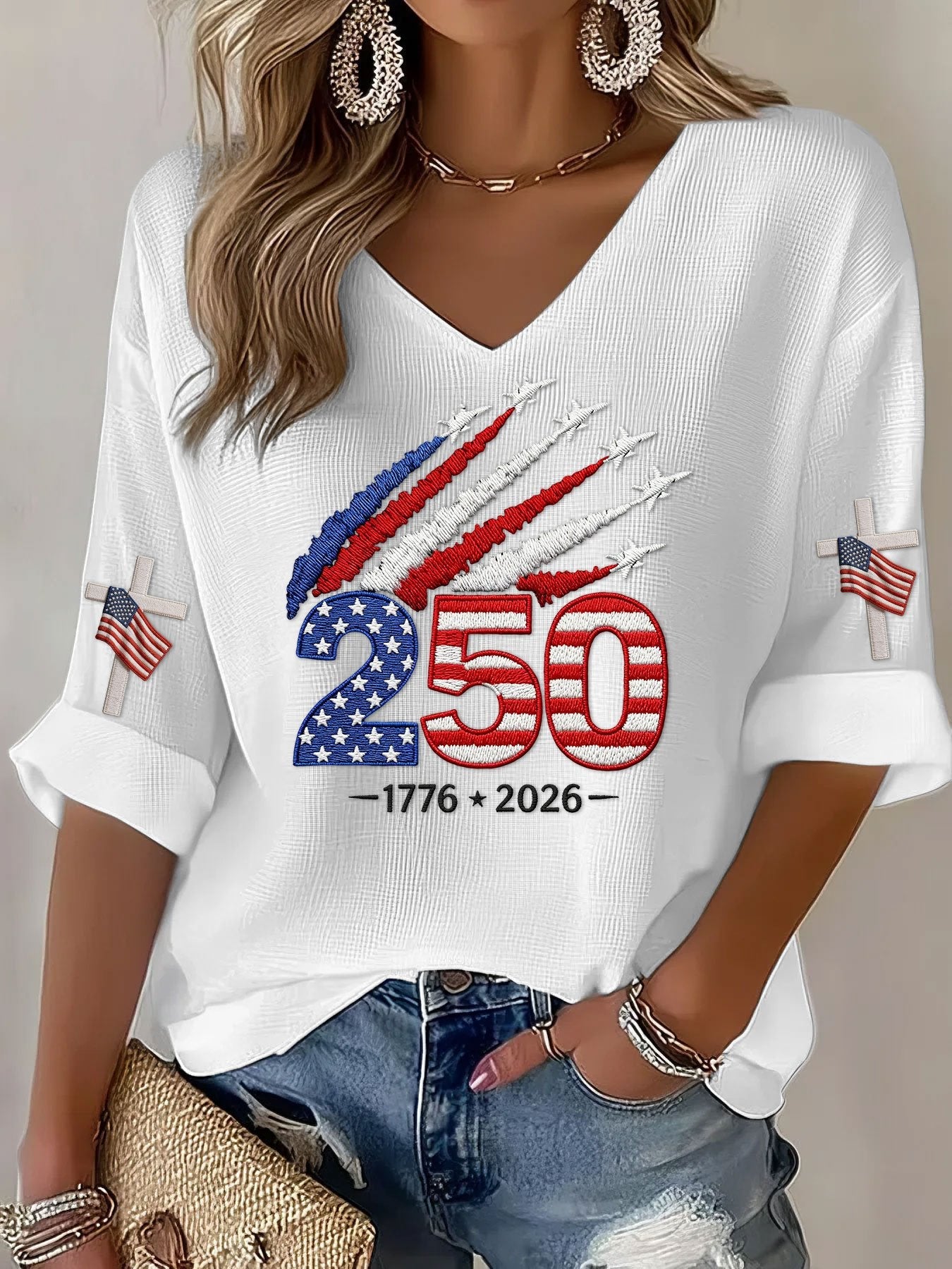 Women’s USA 250th Anniversary Print Waffle Knit V-Neck T-Shirt