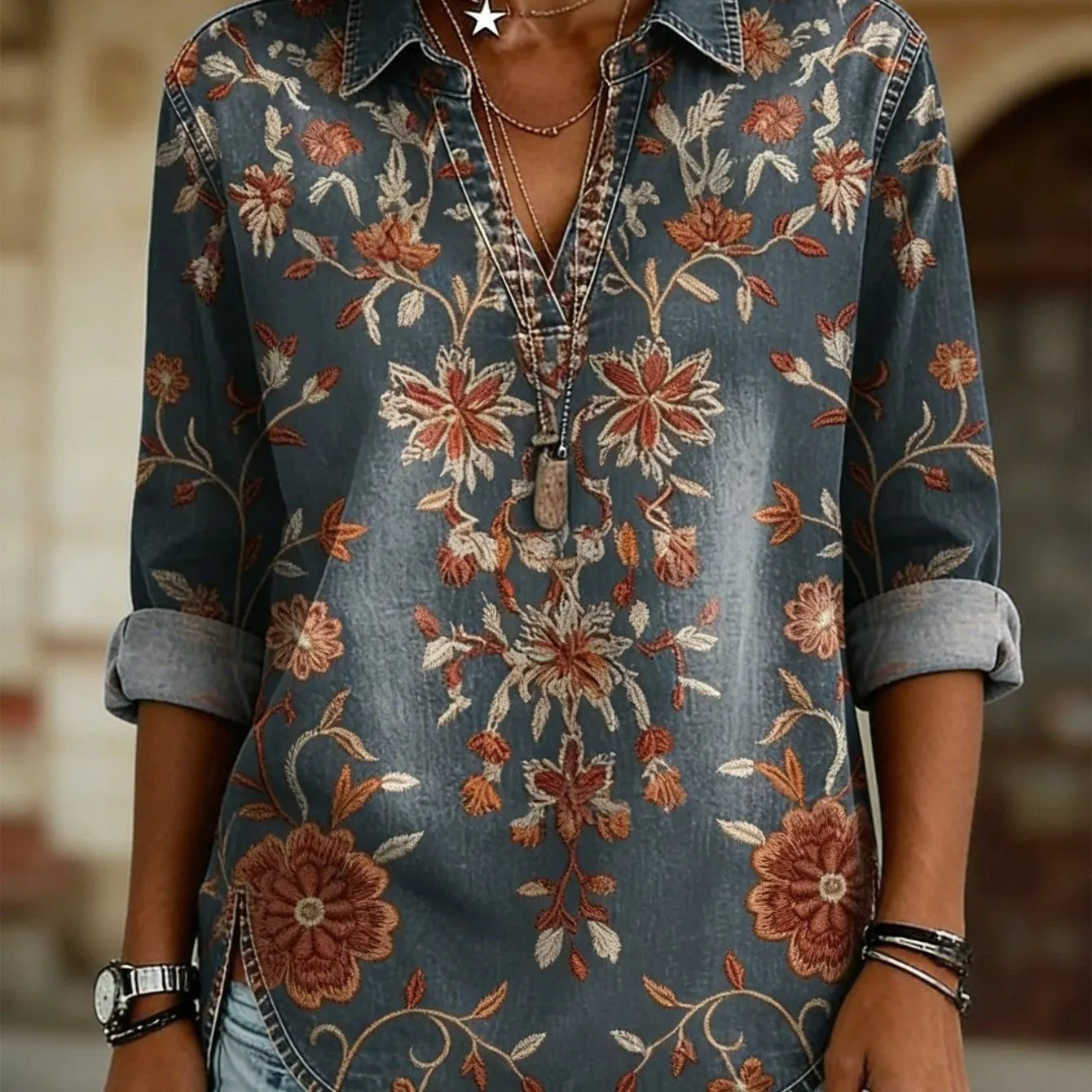 Bohemian Graphic Print Women Tunic Top Notch Collar Half Placket 3/4 Sleeve Pocket Casual Daily Blouse