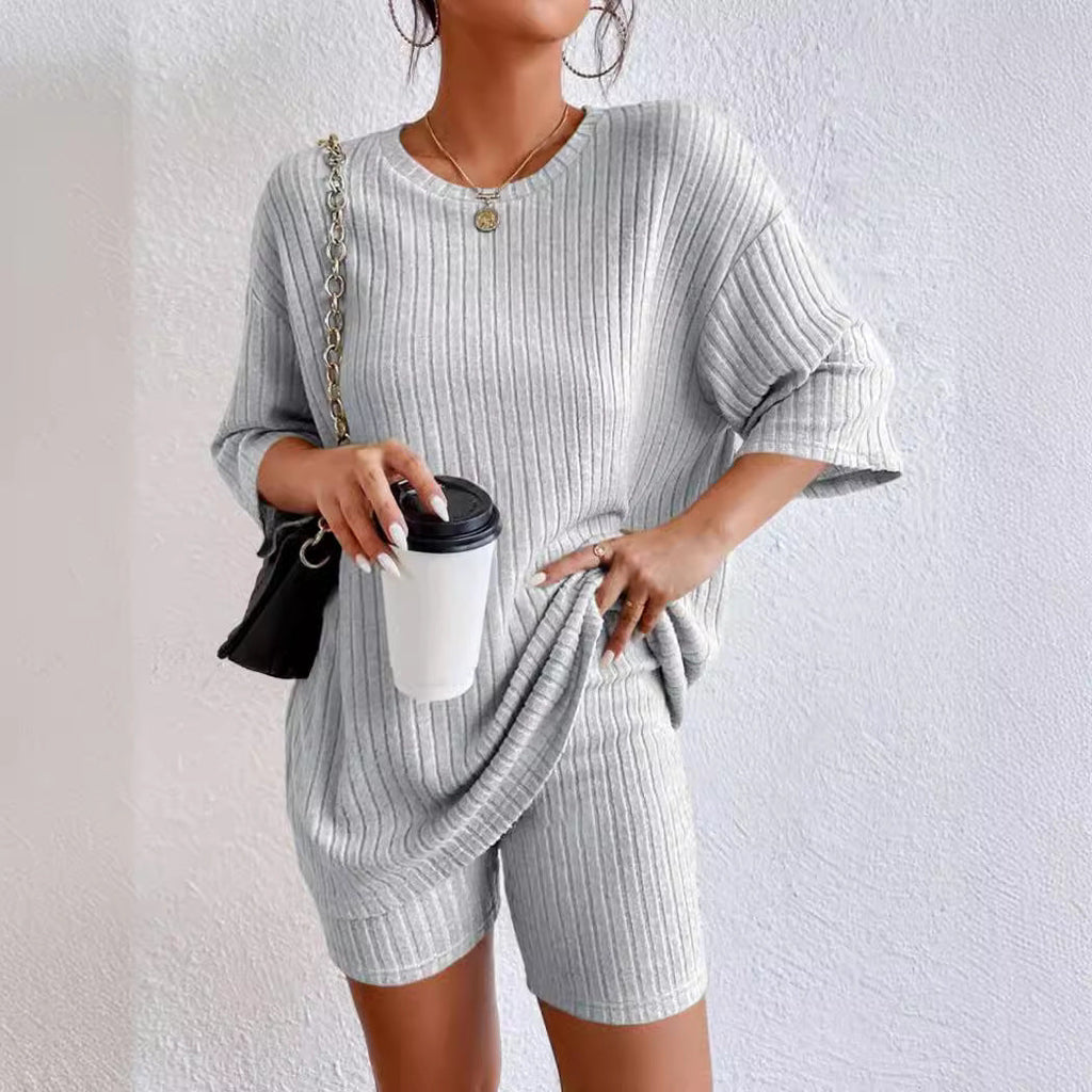 Women Crew Neck Drop Shoulder Half Sleeve Top & High Waist Shorts 2 Piece Loungewear Set