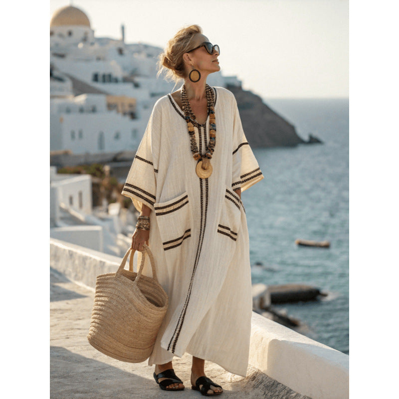 Women's V-Neck Linen-Blend Kaftan Dress