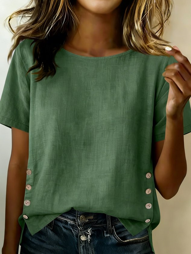 Cotton Linen Vintage Plain Round Neck Short Sleeve Side Button Casual Top
