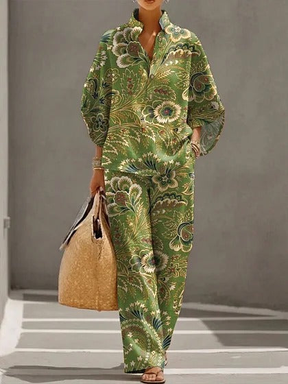 Stand-up collar polo shirt & wide-leg pants retro print two-piece set