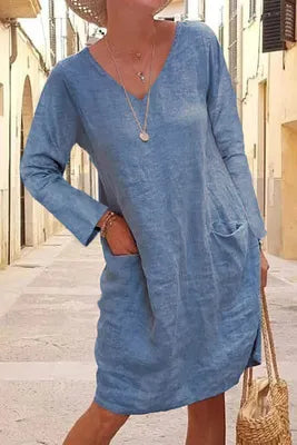 Casual Pocket V Neck Long Sleeve Linen Shift Dress For Women