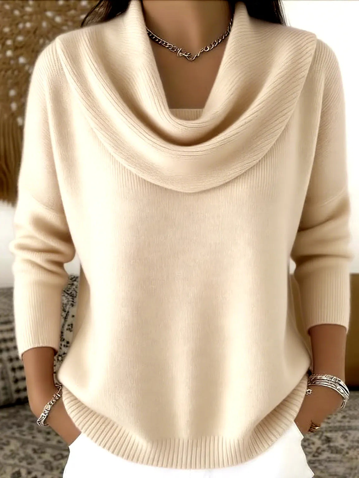 Women Cowl Collar Knit Sweater Solid Color Long Sleeve Pullover Casual Knit Top