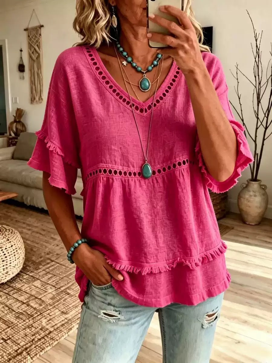 Women's V-Neck Eyelet Ruffle Trim Peplum Blouse
