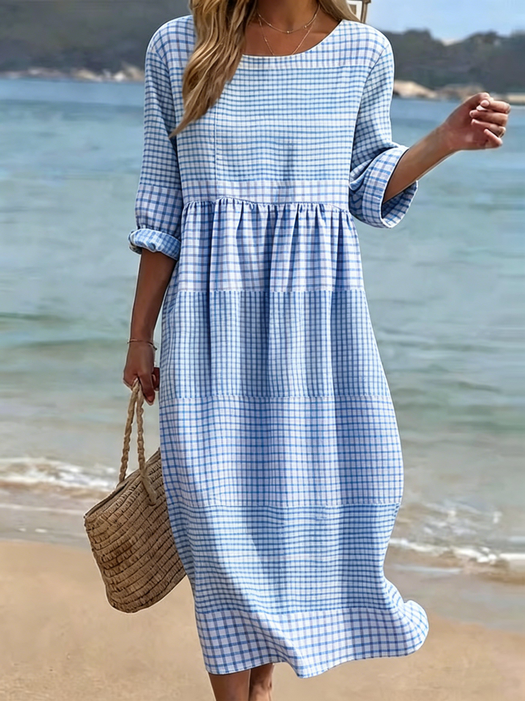 New Arrivals🔥 Women's Casual Round Neck Mid Sleeve Print Cotton and Linen Dress- Fast Shipping