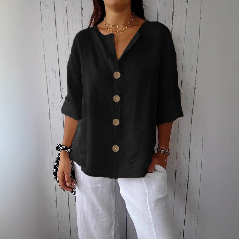 Loose Shirt Women's V-neck Cotton and Linen Button T-shirt Top Women