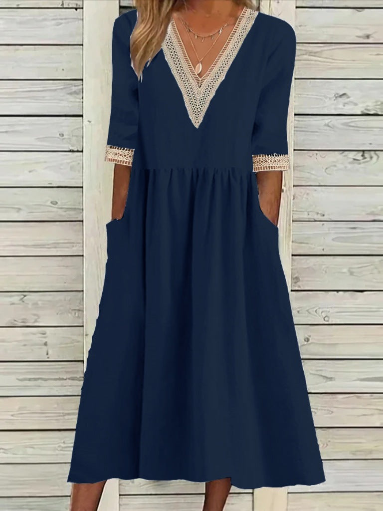 Women's V-Neck Lace Trim Midi Dress