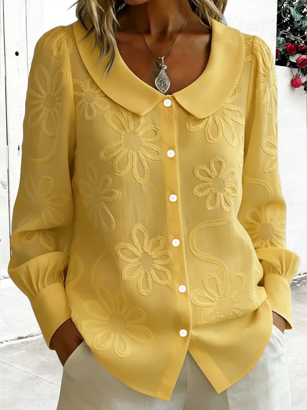 Embroidery Floral Long Sleeve Crew Neck Button Spring Loose Going Out Casual Top