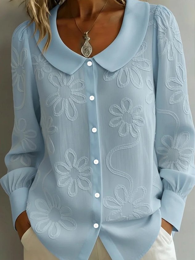 Embroidery Floral Long Sleeve Crew Neck Button Spring Loose Going Out Casual Top