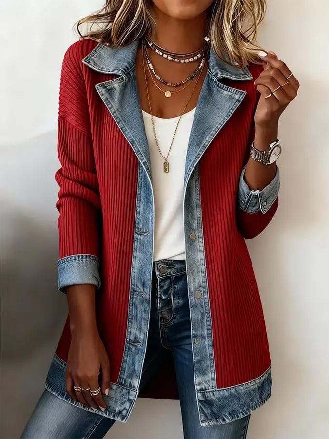 Elegant mixed-media denim and knit cardigan.
